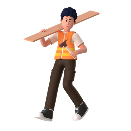 Travailleur masculin tenant du bois  3D Illustration