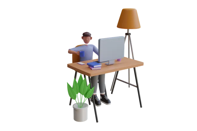 Homme qui travaille sur un ordinateur portable au bureau  3D Illustration