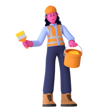 Travailleuse tenant un seau de peinture  3D Icon