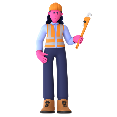 Travailleuse tenant une clé à pipe  3D Icon