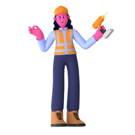 Travailleuse tenant une perceuse  3D Icon