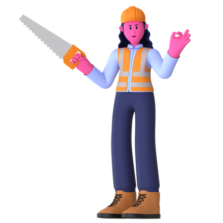 Travailleuse tenant une scie  3D Icon