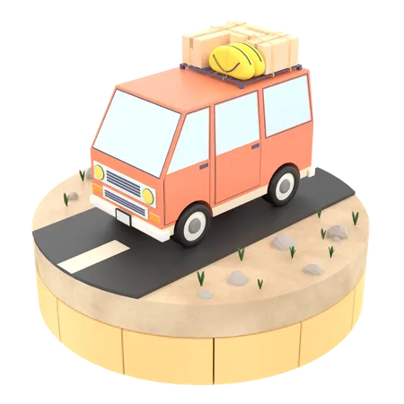 3 D Illustration Minivan Car Is Going On Vacation On The Road Podium 3D Illustration