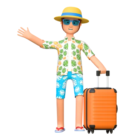 Travel Man Carrying Suitcase Summer Holiday Waving Hand 3 D Cartoon Character Illustration 3D Illustration