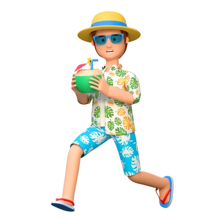 Traveler drinking coconut  3D Illustration