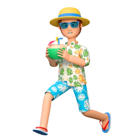 Traveler drinking coconut 3D Illustration
