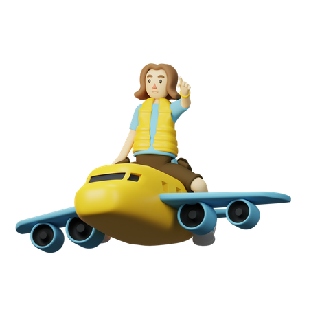 Traveler Going With Airplane 3D Illustration