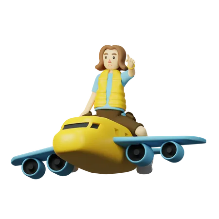 Traveler Going With Airplane  3D Illustration