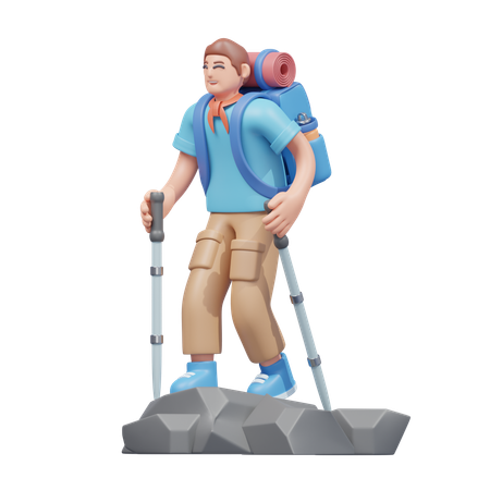 Traveler Hiking With Poles  3D Illustration