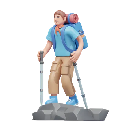 Traveler Hiking With Poles  3D Illustration