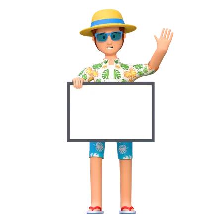 Young Man Traveler Holding White Board In Summer Holiday 3 D Cartoon Character Illustration 3D Illustration