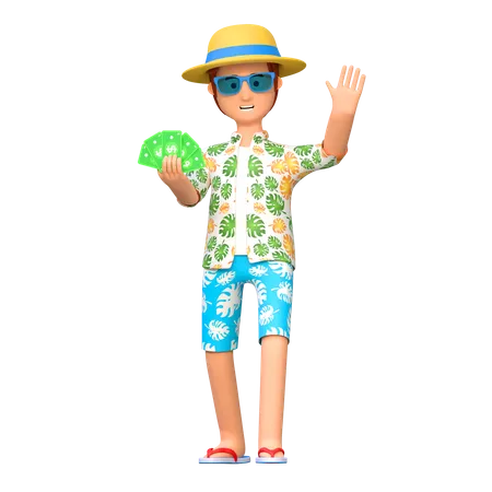 Young Man Traveler Holding Money In Summer Holiday 3 D Cartoon Character Illustration 3D Illustration