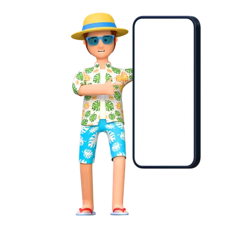 Young Man Traveler Carrying Smartphone Screen In Summer Holiday 3 D Cartoon Character Illustration 3D Illustration