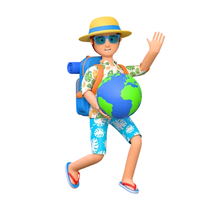 Young Man Traveler Holding Globe In Summer Holiday 3 D Cartoon Character Illustration 3D Illustration