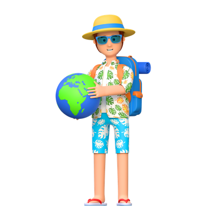 Traveler holding world globe  3D Illustration
