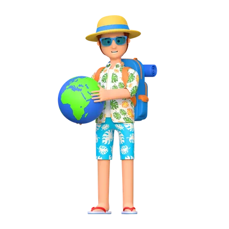 Traveler holding world globe  3D Illustration