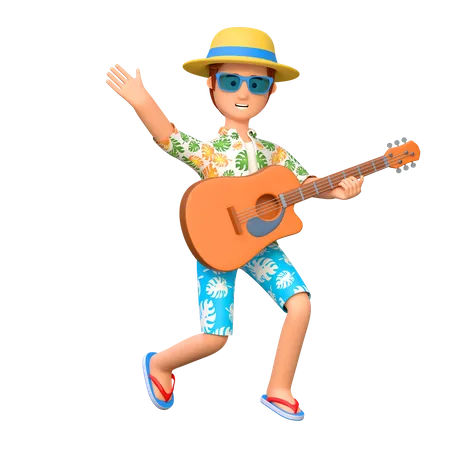 Travel Man Playing Guitar Summer Holiday 3 D Cartoon Character Illustration 3D Illustration