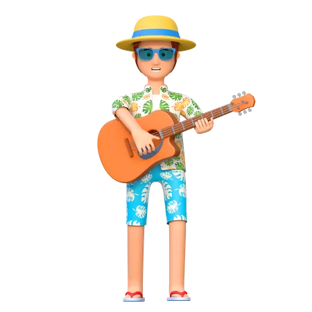 Travel Man Playing Guitar Summer Holiday 3 D Cartoon Character Illustration 3D Illustration