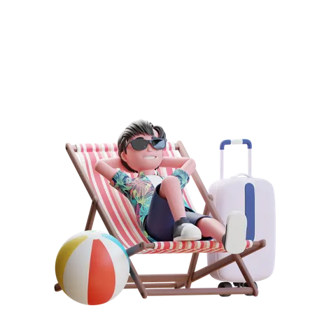 Traveler relaxing on beach chair 3D Illustration
