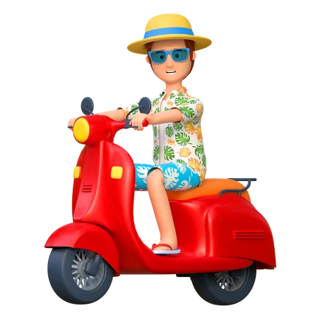 Travel Man Riding Motorcycle With Carrying Backpack Summer Holiday Waving Hand 3 D Cartoon Character Illustration 3D Illustration
