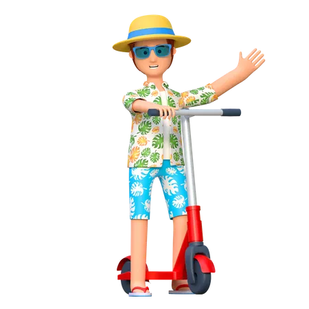 Travel Man Riding Scooter Summer Holiday Waving Hand 3 D Cartoon Character Illustration 3D Illustration