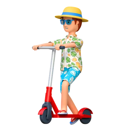 Travel Man Riding Scooter Summer Holiday Waving Hand 3 D Cartoon Character Illustration 3D Illustration