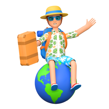 Traveler sitting above world globe  3D Illustration