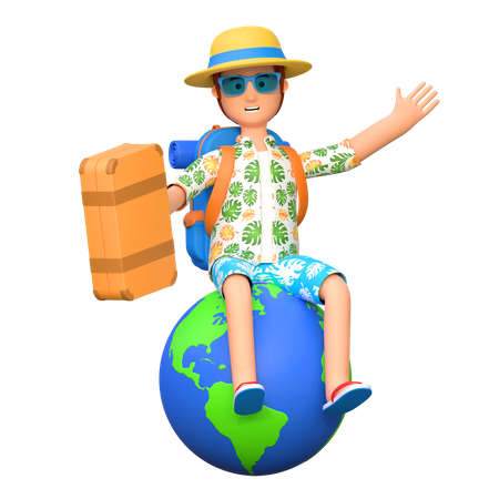 Traveler sitting above world globe  3D Illustration