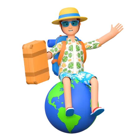 Traveler sitting above world globe  3D Illustration