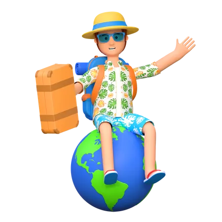 Young Man Traveler Sitting Above Globe In Summer Holiday 3 D Cartoon Character Illustration 3D Illustration
