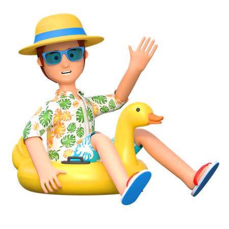 Traveler using duck ring for swimming  3D Illustration