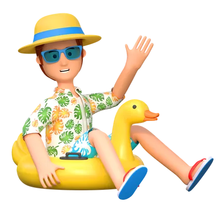 Traveler using duck ring for swimming  3D Illustration