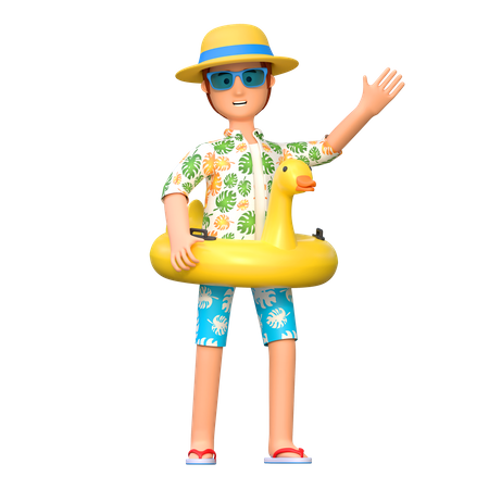 Traveler using duck ring for swimming  3D Illustration