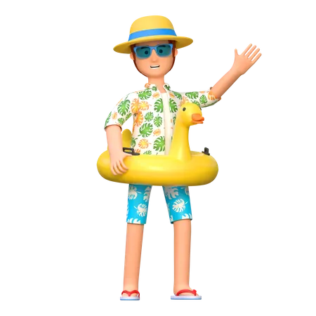 Traveler using duck ring for swimming  3D Illustration