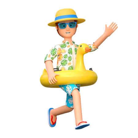 Traveler using duck ring for swimming  3D Illustration