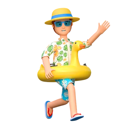 Traveler using duck ring for swimming  3D Illustration