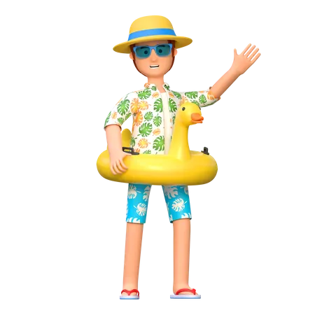 Young Man Traveler Carrying Inflatable Duck Ring For Swimming In Summer Holiday 3 D Cartoon Character Illustration 3D Illustration