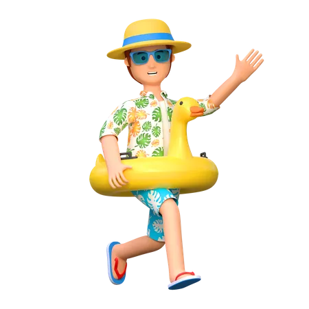 Young Man Traveler Carrying Inflatable Duck Ring For Swimming In Summer Holiday 3 D Cartoon Character Illustration 3D Illustration
