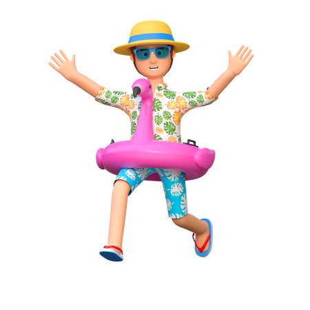 Traveler using flamingo ring for swimming  3D Illustration