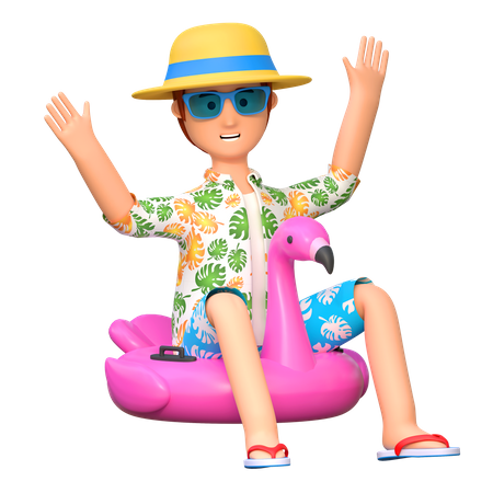 Traveler using flamingo ring for swimming  3D Illustration