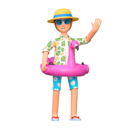 Traveler using flamingo ring for swimming  3D Illustration