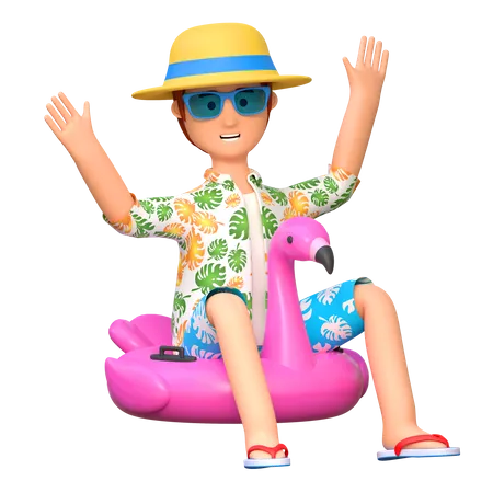Young Man Traveler Carrying Inflatable Flamingo Ring For Swimming In Summer Holiday 3 D Cartoon Character Illustration 3D Illustration