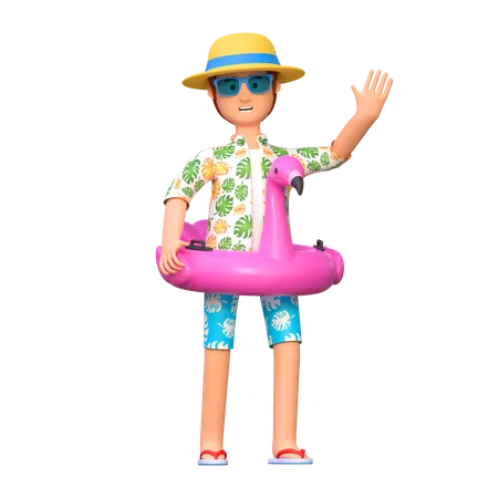 Young Man Traveler Carrying Inflatable Flamingo Ring For Swimming In Summer Holiday 3 D Cartoon Character Illustration 3D Illustration