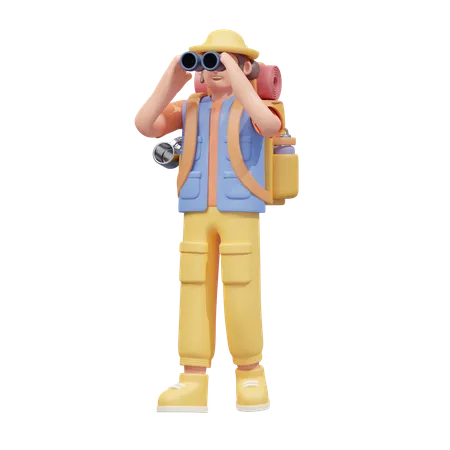 Traveler With Binoculars  3D Illustration