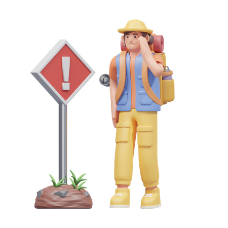 Traveler With Warning Sign  3D Illustration