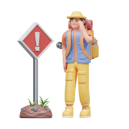 Traveler With Warning Sign  3D Illustration