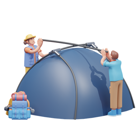 Travelers Setting Up A Tent  3D Illustration