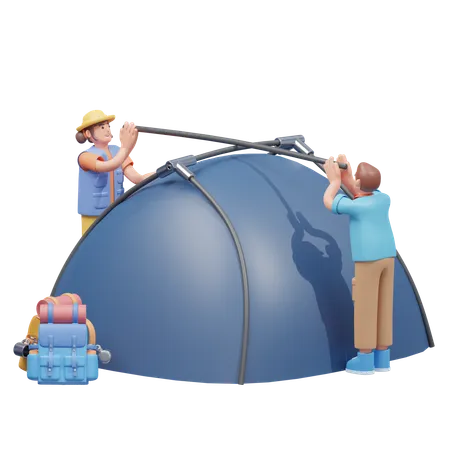 Travelers Setting Up A Tent  3D Illustration