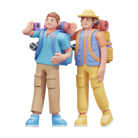 Travelers Taking A Selfie  3D Illustration