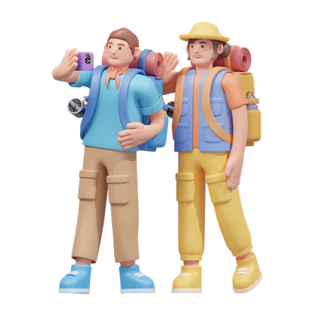 Travelers Taking A Selfie  3D Illustration